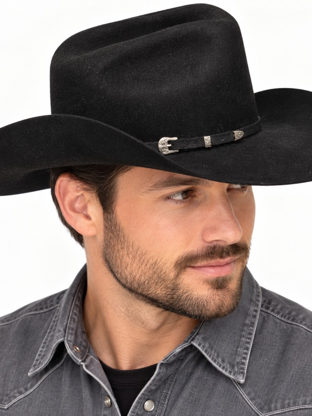Twister Western Cowboy Hat Black 100% Wool Size 7 1/8 Silver Buckle Wide Brim